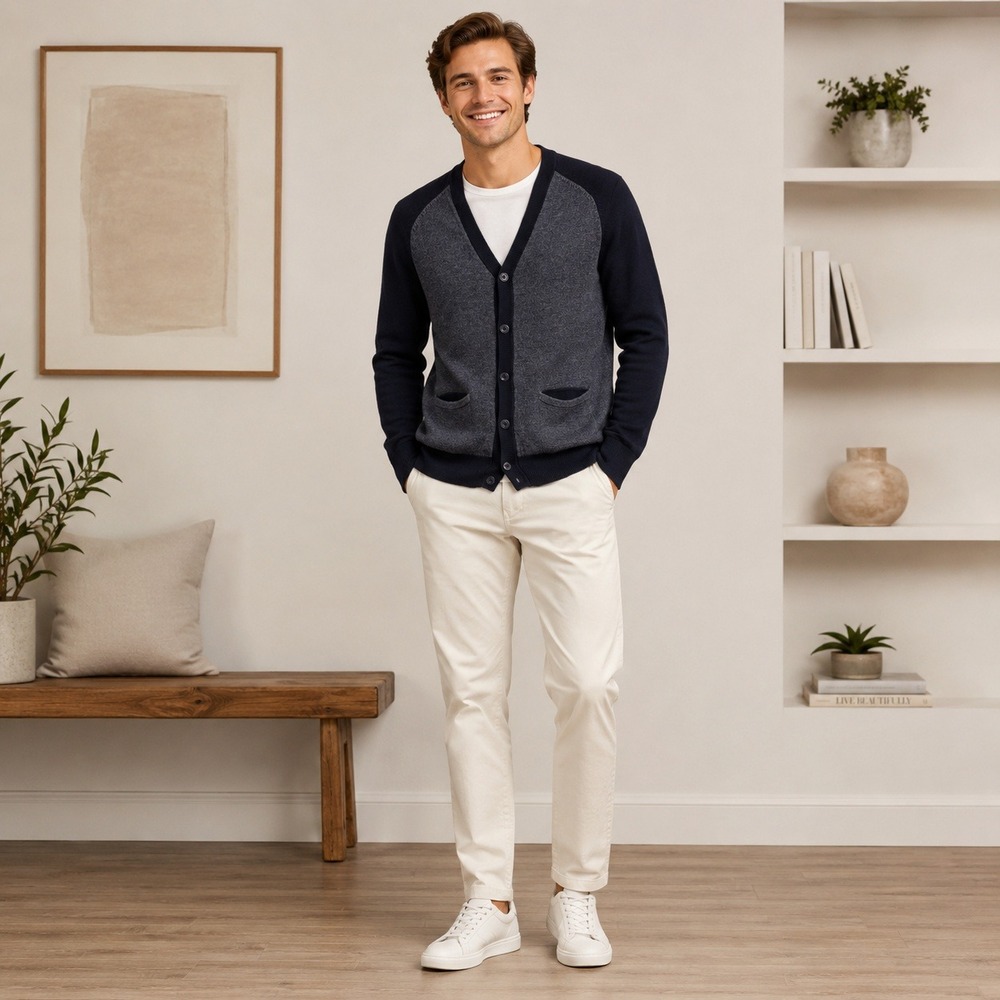 Express Mens Blue Two Tone Cotton V-Neck Button Front Cardigan Sweater Size M